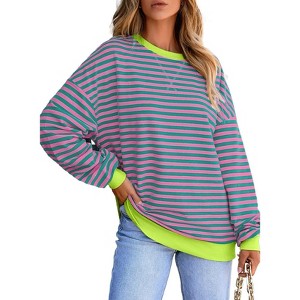Clearlove Oversized Sweatshirt for Women 2025 Fall Crewneck Striped Long Sleeve Shirts Cute Top - 1 of 4