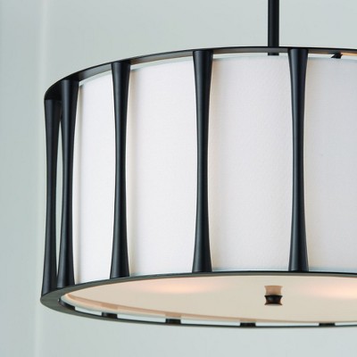 Matte Black 4-Light Drum Pendant with White Fabric Shade