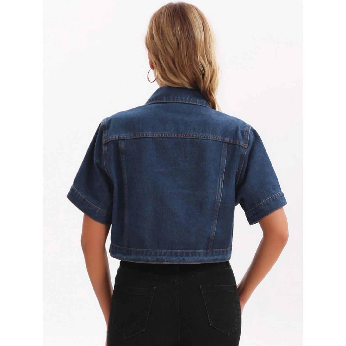 Женская куртка INSPIRE CHIC Short Sleeve Button Up Frayed Washed Denim Jacket Dark Blue Large, цвет: Потёртый джинсовый — фото 4