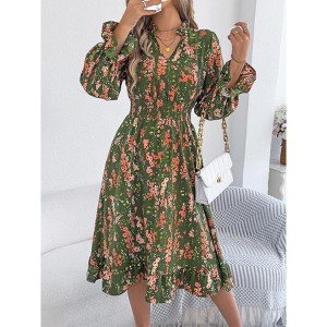 Womens Floral Long Sleeve Dress Smocked Long Flowy Midi Boho A Line Dresses  For Women Green M : Target