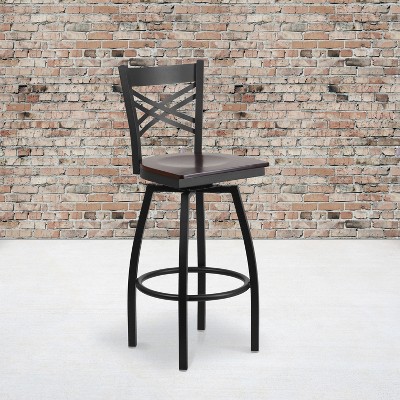 Hercules Series 'X' Back Swivel Barstool with Walnut Wood Seat