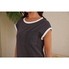 Womens Summer Causal Tops Cap Sleeve Shirts with Color Block Cuff Tiny Striped T-Shirts Chest Pocket Summer Lounge Tops Striped Shirts - 4 of 4
