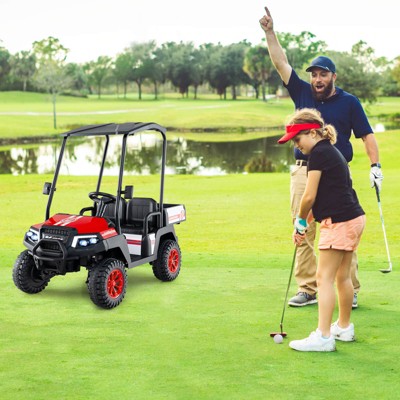 Costway 24V 7AH Kids Golf Cart 4WD 2 Seater Ride on Car with Sun Shade & Dump Bed Black/Red/Pink/Navy