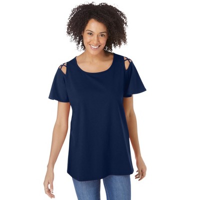 Woman Within Plus Size Lattice-Detail Cold-Shoulder Tee
