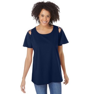 Woman Within Plus Size Lattice-Detail Cold-Shoulder Tee - 1 of 4