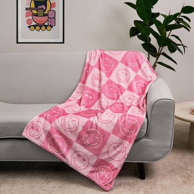 Yoobi SmileyWorld 50"x60" Faux Shearling Smiley Checkered Blanket Printed Pink