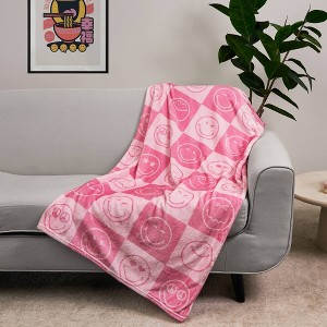 Yoobi SmileyWorld 50"x60" Faux Shearling Smiley Checkered Blanket Printed Pink - 1 of 4