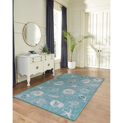 Aqua and White Synthetic Flat Woven Coastal Rug 4'10" x 7'6"