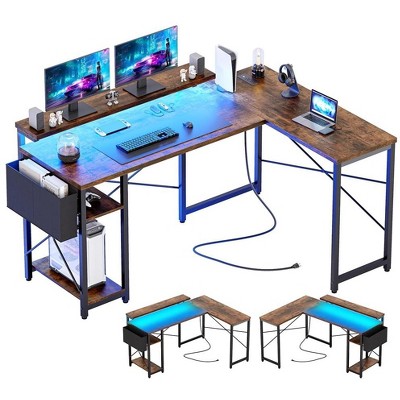 L Shaped Computer Gaming Desk with Power Outlet & LED Light