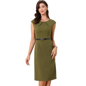 INSPIRE CHIC Women's Elegant Business Round Neck Belted Cap Sleeve Work Sheath Dresses - 1 of 4