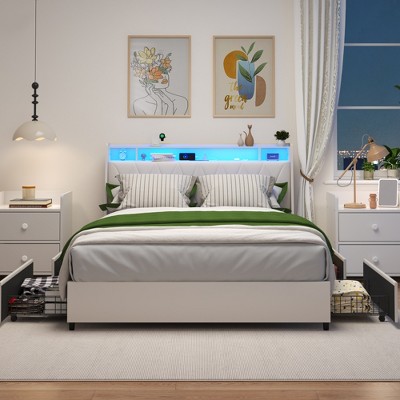 YONWAY Full Bed Frame With 4 Storage Shelf, Frame Built-In Socket And Charger Noise-Free, Ergonomic Headboard, No Box Spring Needed