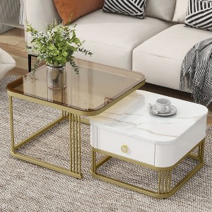 CAVINAS Coffee Tables for Living Room 2-in-1 Square Nesting Coffee Table Stackable End Table Set with Wheels & Drawers and Brown Tempered Glass - 1 of 4