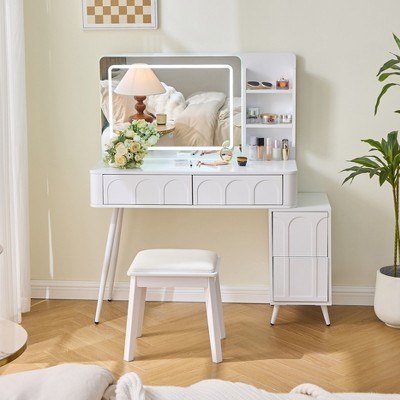Modern Makeup Vanity Desk with Stool, Vanity Table Dressing Table with 3-Mode Lighted Mirror, Storage Shelves & 4 Drawers, White/Black-ModernLuxe