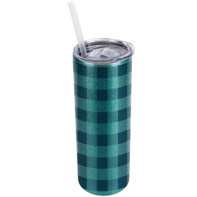 Elanze Designs Turquoise Blue 20 Ounce Double Wall Stainless Steel Glitter Travel Tumbler With Sliding Lid And Straw, Flannel Gingham Pattern