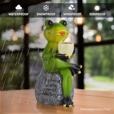 Green Coffee Drinking Frog Garden Statue with Engraved Quote