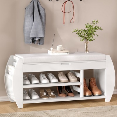42.00"Retro Multifunctional Storage Bench with Cushion and Curved Side Panel for Entrance and Living Room (Natural)