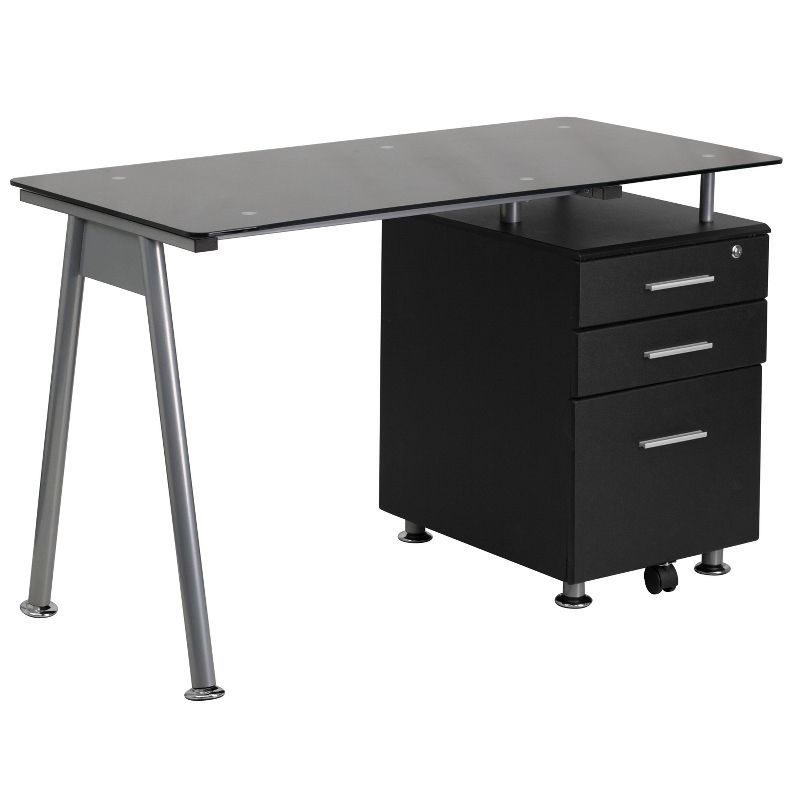 Emma and Oliver Black Glass Computer Desk with Three Drawer Pedestal, 1 of 7