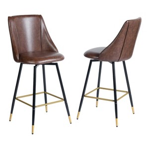 HomeRoots Set of Two 26" Brown and Black and Gold Faux Leather and Metal Counter Height Swivel Bar Chairs - 1 of 4