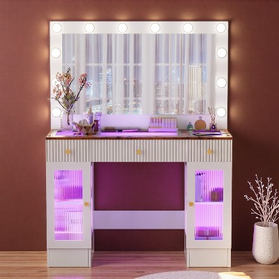 FONTOI 43.3"W Vanity Desk with Large Mirror Three Drawers Two Cabinets and Glass Top for Bedroom Dressing Room, White, 43.3"*16.3"*56.7"