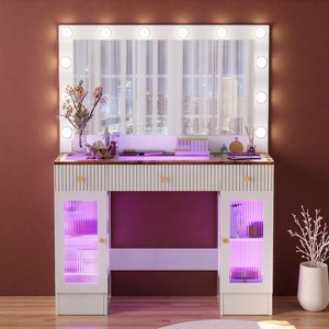 FONTOI 43.3"W Vanity Desk with Large Mirror Three Drawers Two Cabinets and Glass Top for Bedroom Dressing Room, White, 43.3"*16.3"*56.7" - 1 of 4