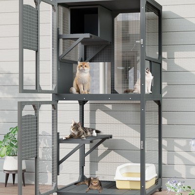 YOOCOZZ Catio  Indoor and Outdoor Cat Enclosure Window Access, 4 Tiers Cat House with Wheels, Resting Box & Waterproof Roof-Gray