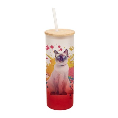 100 North 25 Ounce Frosted Glass Gradient Travel Tumbler With Straw & Wooden Lid, Siamese Cat Paint Splatter Red