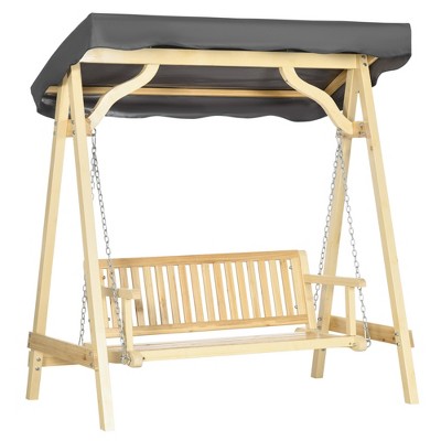 Outsunny Wooden Porch Swing, 2-Seater Outdoor Wood Loveseat Bench with Hanging Chains, Adjustable Canopy, A-Frame Base for Patio, Yard, Garden