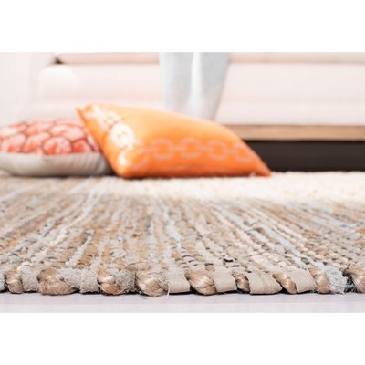 Beige Handwoven Leather and Cotton Area Rug with Fringe, 5' x 8'