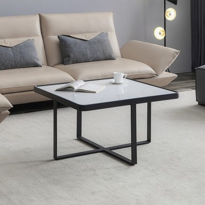 DOMETOUR Minimalism Square Coffee Table, Black Metal Frame with Sintered Stone Tabletop