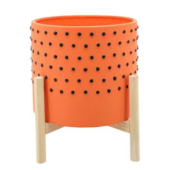 Sagebrook Home 10" Wide With Wood Stand Dotted Ceramic Planter Pots Orange