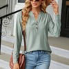 Womens Long Sleeve Button V Neck T-shirt Fall Causal Loose Solid Color Shirt Fashion Top Blouse Green M - 2 of 4