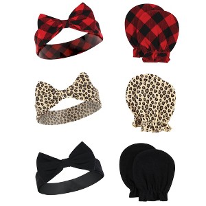Hudson Baby Infant Girl Cotton Headband and Scratch Mitten Set, Buffalo Plaid Leopard, 0-6 Months - 1 of 4