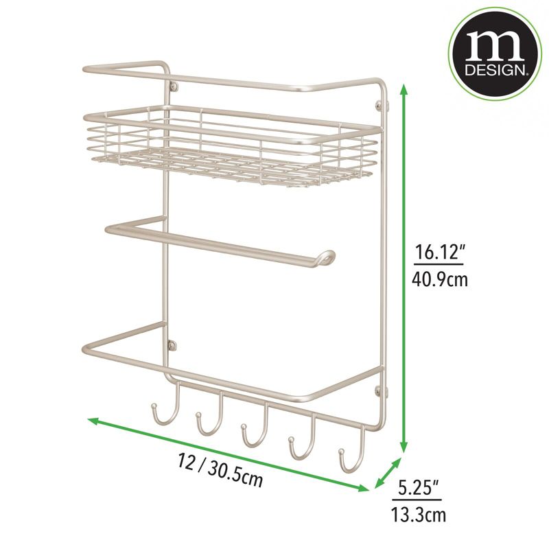 mDesign Metal Wall Mount Paper Towel Holder with Storage Shelf & Hooks, 2 of 9