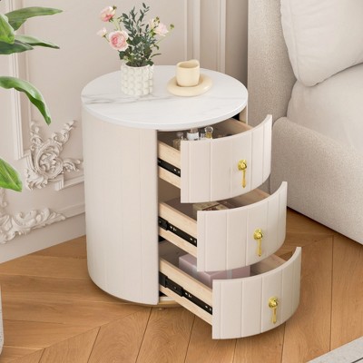 Lycvki Round Upholstered Nightstand with 3 Drawers,  Bedside Table with Metal Handles