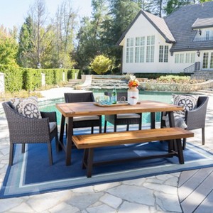 Christopher Knight Home Okane Outdoor Wicker and Acacia Wood 6 Piece Dining Set with Bench - 1 of 4