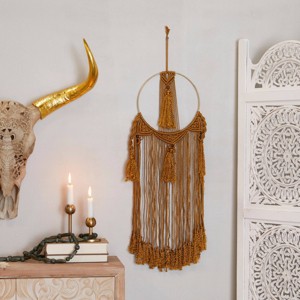 Fabric Macrame Intricately Weaved Wall Decor with Beaded Fringe Tassels Brown - Olivia & May: Bohemian Vertical Carved Art, Spot Clean - 1 of 4