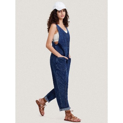 EXLURA Womens High Roller Denim Bib Jumpsuits Casual Loose Overalls Baggy Jeans Romper with Pockets Outfits