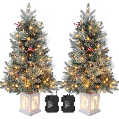 3FT Pre-Lit Snow Flocked Artificial Christmas Tree with 78 Warm White LED Lights, 8 Lighting Modes, Battery Operated, Cement Pot Base