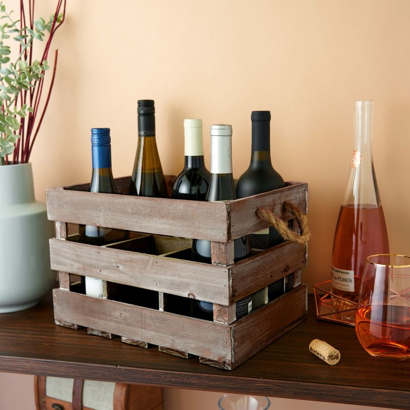 Twine 4281 Farm House Decor, Wood Wine Holder Rustic Farmhouse Wooden 6 Bottle Crate, Dark wood, Brown Finish, 3 of 8