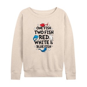 Women's - Dr. Seuss - Red, White and Blue Fish Lightweight French Terry Wide Neck Long Sleeve Shirt - 1 of 4