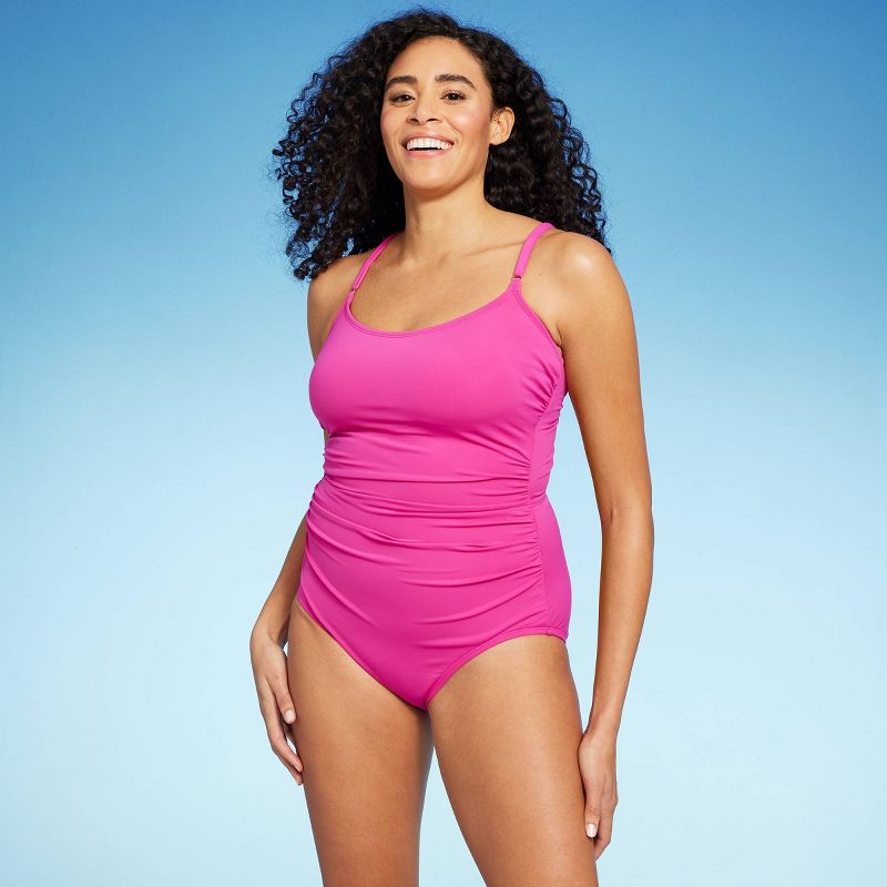 Women's Shirred Front Keyhole Back High Coverage One Piece Swimsuit with Tummy Control - Kona Sol™, 1 of 17