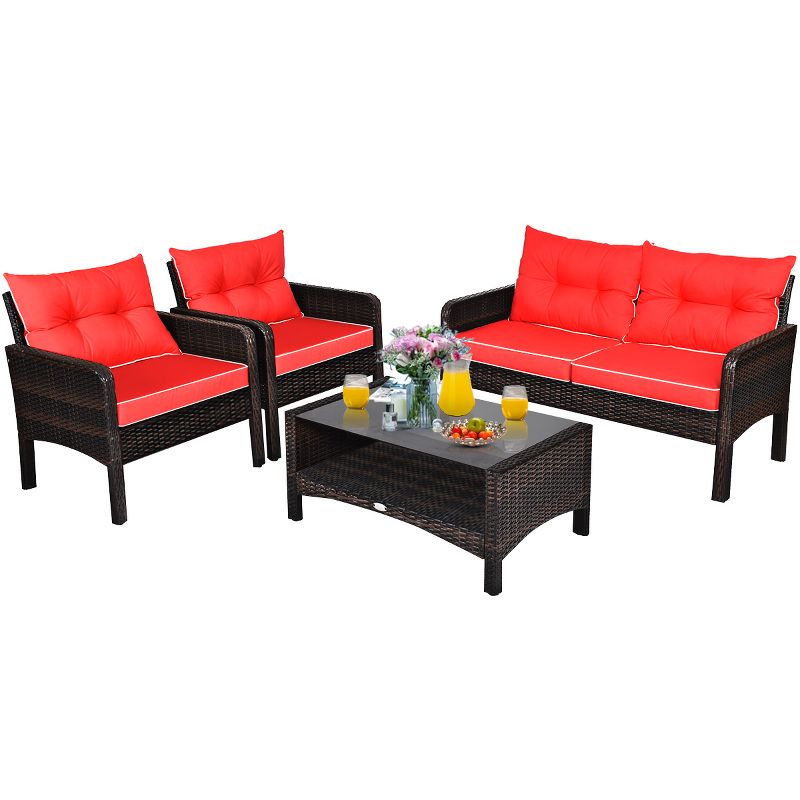 Costway 4PCS Patio Rattan Furniture Set Loveseat Sofa Coffee Table Garden W/Red Cushion, 2 of 11