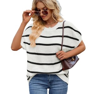 Women's striped round neck pullover fashionable contrasting color shoulder short sleeved sweater - 1 of 4