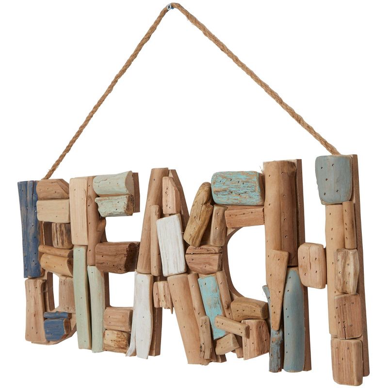 Wood Sign Handmade Driftwood Inspired Beach Wall Decor with Blue Accent and Hanging Rope Brown - Olivia &#38; May, 2 of 6