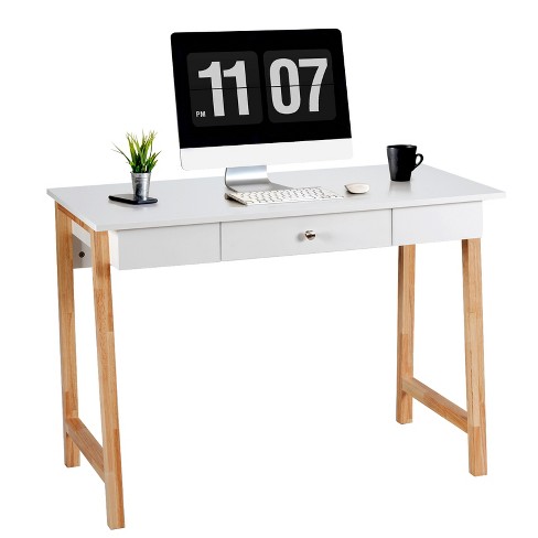 Tangkula White Computer Desk With Storage Wood Modern Writing Desk Large  Drawer & Rubber Wood Legs Study Desk For Small Space : Target