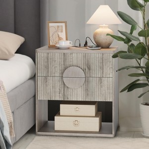 GustoWave Mid Century Modern Nightstand Set of 2, Fluted Night Stand with Charging Station,22.6" Wide Wood Bedside Table, Sofa End Table - 1 of 4