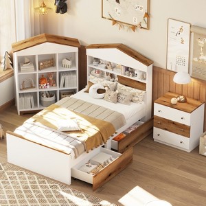 3-Piece Bedroom Sets, Twin Size House-Shaped Wooden Bed with Storage Drawers, Nightstand and Stroage Rack - ModernLuxe - 1 of 4