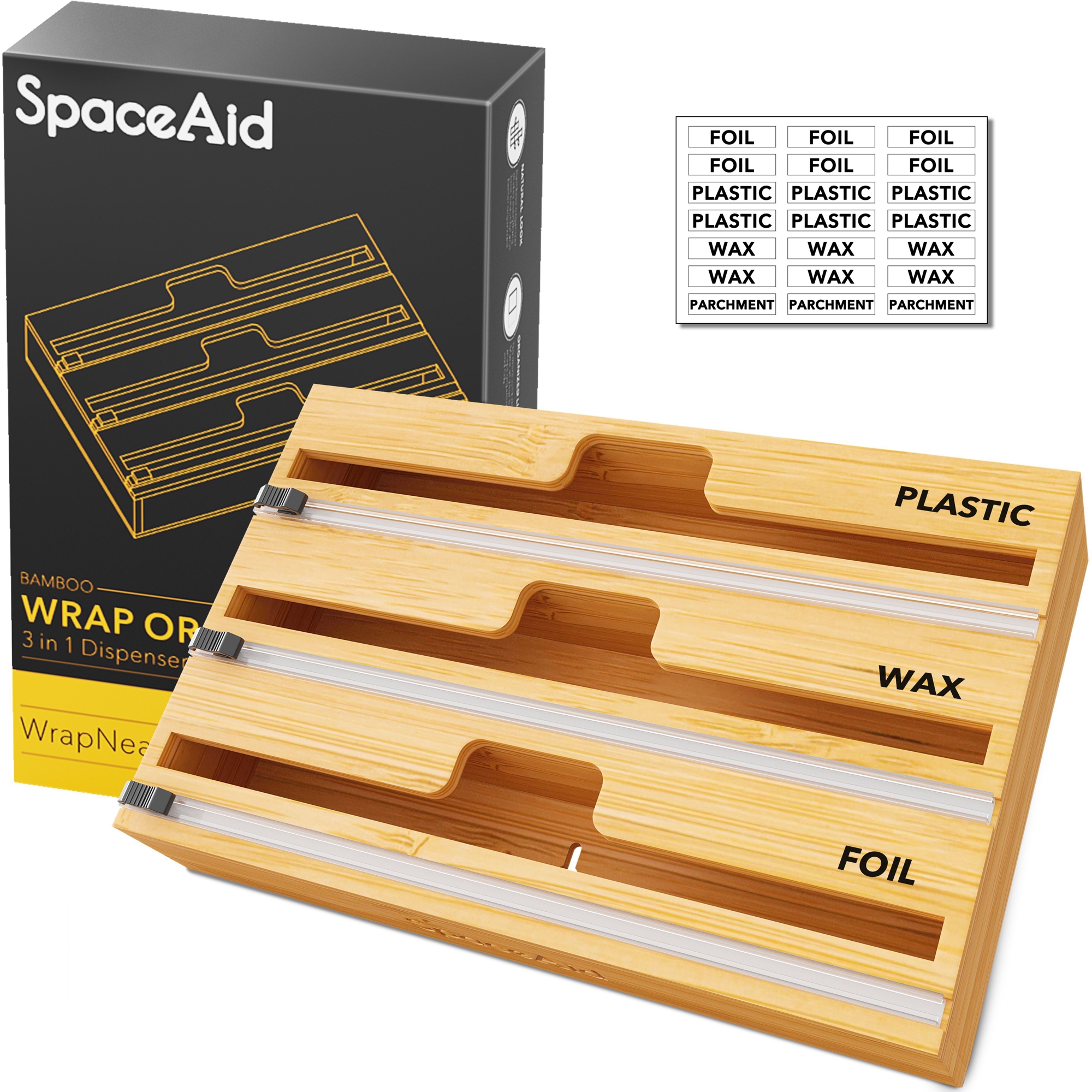 Aluminum Foil and Wrap Organizer with Cutter and Labels,for 12" Roll (Natural)-SpaceAid®