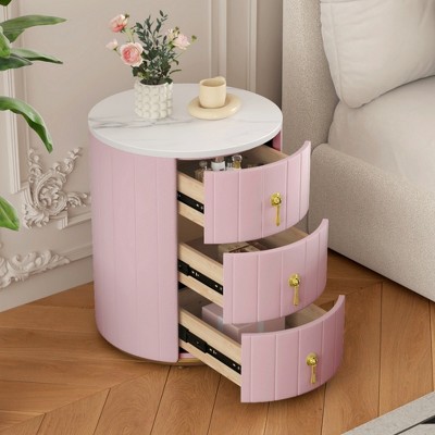 Lycvki Round Upholstered Nightstand with 3 Drawers,  Bedside Table with Metal Handles