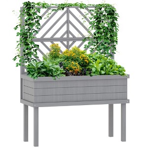 Outsunny Raised Garden Bed with Trellis for Climbing Plants, Wood Planter with Legs, Drainage Holes & Filter, Gray - 1 of 4